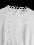 Plus Size Women's Elegant White Lace Cut-Out Dress Puff Sleeve Rhinestone Button Pleated Midi Party Dress