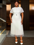 Plus Size Women's Elegant White Lace Cut-Out Dress Puff Sleeve Rhinestone Button Pleated Midi Party Dress