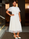 Plus Size Women's Elegant White Lace Cut-Out Dress Puff Sleeve Rhinestone Button Pleated Midi Party Dress