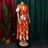 Women's Fashion Chic Tie-Waist African Plus Size Short Sleeve A-Line Dress
