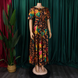 Women's Fashion Chic Tie-Waist African Plus Size Short Sleeve A-Line Dress