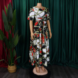 Women's Fashion Chic Tie-Waist African Plus Size Short Sleeve A-Line Dress