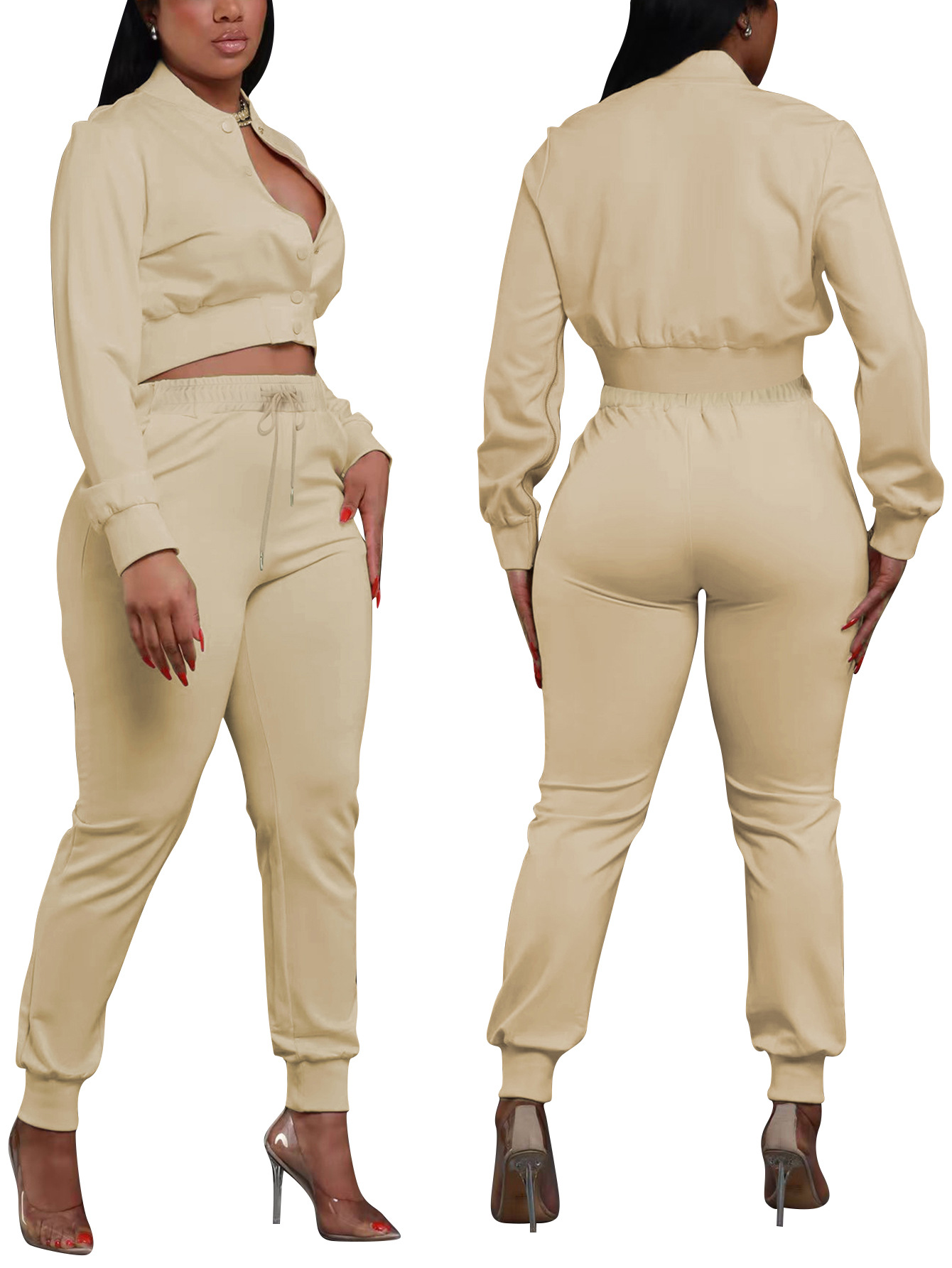 Women's Solid Color Casual Baseball Jacket Single-Breasted Long Sleeve Zipper Top and Sport Pants Two-Piece Set