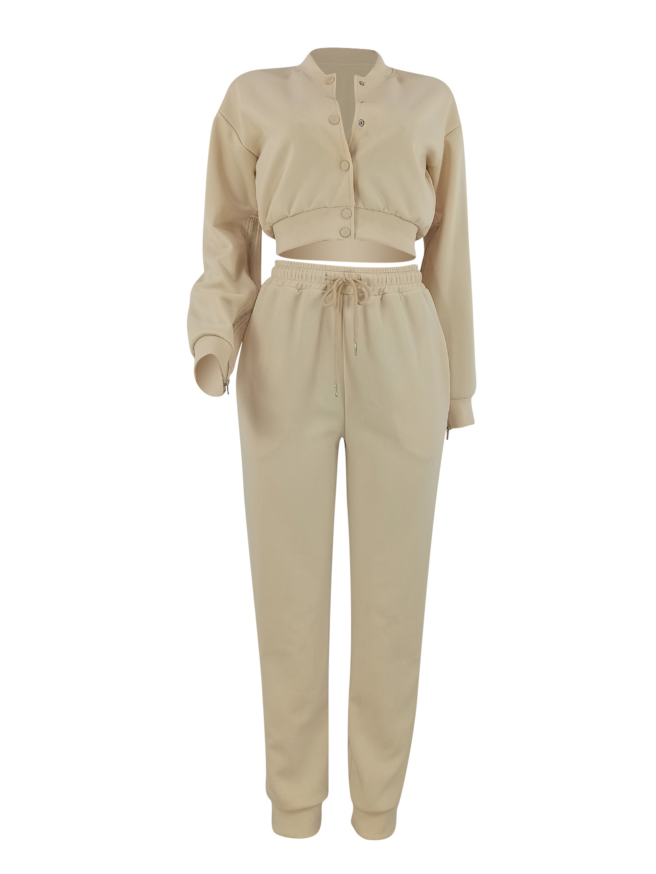 Women's Solid Color Casual Baseball Jacket Single-Breasted Long Sleeve Zipper Top and Sport Pants Two-Piece Set