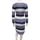 Women's Striped Colorblock Sexy V-Neck Turndown Collar Long Sleeve Bodycon Knitting Dress