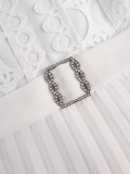 Plus Size Women's Elegant White Lace Cut-Out Dress Puff Sleeve Rhinestone Button Pleated Midi Party Dress