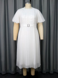 Plus Size Women's Elegant White Lace Cut-Out Dress Puff Sleeve Rhinestone Button Pleated Midi Party Dress