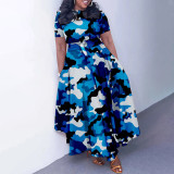 Women's Fashion Chic Tie-Waist African Plus Size Short Sleeve A-Line Dress