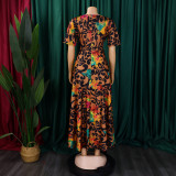 Women's Fashion Chic Tie-Waist African Plus Size Short Sleeve A-Line Dress
