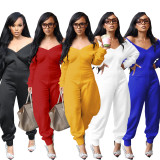 Women's Autumn Winter Solid Color V-Neck Sexy Long Sleeve Jumpsuit