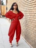 Women's Autumn Winter Solid Color V-Neck Sexy Long Sleeve Jumpsuit