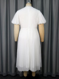 Plus Size Women's Elegant White Lace Cut-Out Dress Puff Sleeve Rhinestone Button Pleated Midi Party Dress