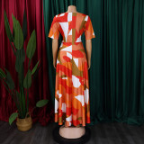 Women's Fashion Chic Tie-Waist African Plus Size Short Sleeve A-Line Dress