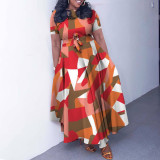 Women's Fashion Chic Tie-Waist African Plus Size Short Sleeve A-Line Dress