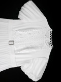 Plus Size Women's Elegant White Lace Cut-Out Dress Puff Sleeve Rhinestone Button Pleated Midi Party Dress