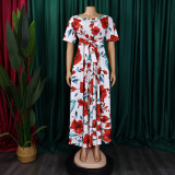 Women's Fashion Chic Tie-Waist African Plus Size Short Sleeve A-Line Dress