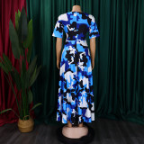 Women's Fashion Chic Tie-Waist African Plus Size Short Sleeve A-Line Dress