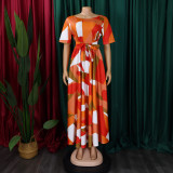 Women's Fashion Chic Tie-Waist African Plus Size Short Sleeve A-Line Dress