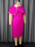 Plus-Size Women Rose Ruffle Round Neck Cape Bodycon Dress