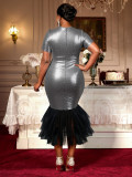 Plus-Size Women Sequined Patchwork V-Neck Short-Sleeved Layered Mesh Mermaid Evening Dress