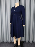 Plus-Size Women Long-Sleeved Round Neck Button Elegant Maxi Dress