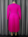Plus-Size Women Elegant Rose Long-Sleeved Ruffled V-Neck Formal Party Pleated Dress