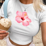 Women Summer American Print Blossom Sexy Short-Sleeved Crop Top