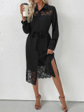Women Autumn Long-Sleeved Lace Patchwork Shirt Dress