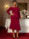 Plus-Size Women Burgundy One-Shoulder Ruffle Long-Sleeved Top Mermaid Skirt Elegant Two-Piece Suit