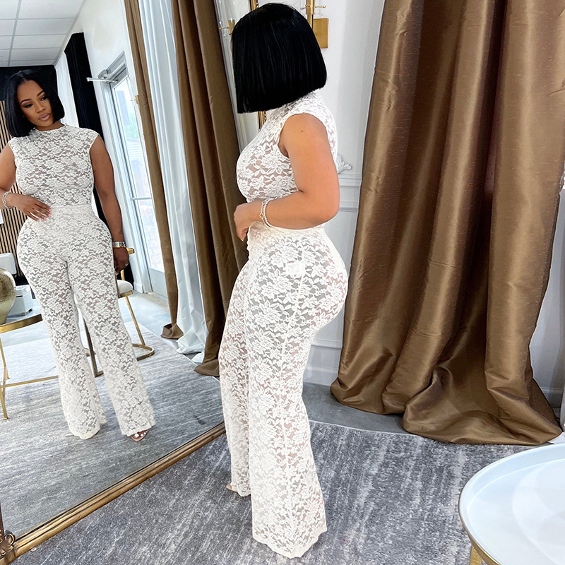 Women Sexy See-Through Lace Patchwork Bodysuit, Bell Bottom, Two-Piece Set