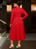 Plus-Size Women Wedding Round Neck Ruffled Long-Sleeved Pleated Red Formal Party Dress