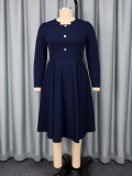 Plus-Size Women Long-Sleeved Round Neck Button Elegant Maxi Dress