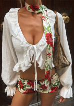 Women French Autumn Bohemian Long-Sleeved Ruffled Lace-Up Top