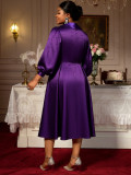 Plus-Size Women Turndown Collar Jacquard Lantern Long-Sleeved Autumn Dress