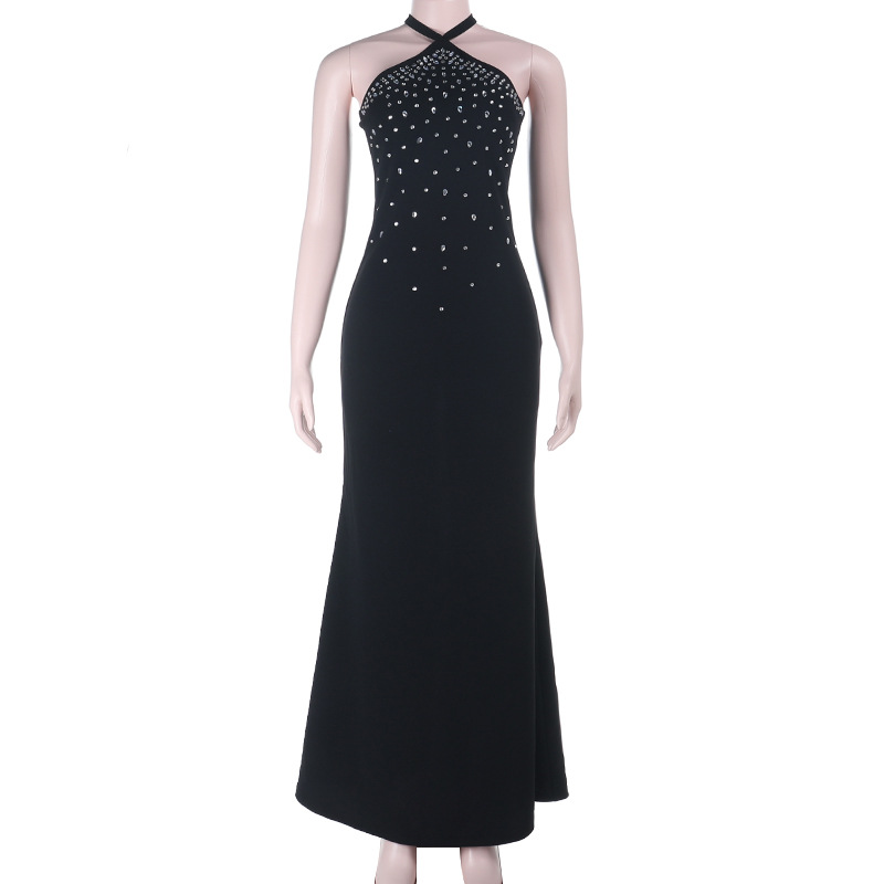 Women Autumn/Winter Halter Neck Beaded Party Dress Sexy Backless Dress
