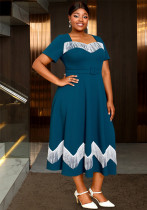 Plus-Size Women Elegant Blue Square-Neck Short-Sleeved Tassel Contrast Belt Party Dress Plus-Size Women Elegant Blue Square-Neck Short-Sleeved Tassel Contrast Belt Party Dress