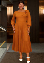 Plus-Size Women Elegant Brown Long-Sleeved Slash Shoulder Floral Pleated Evening Dress