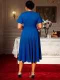 Plus-Size Women Contrast Short-Sleeved Round Neck Belt Elegant Party Dress
