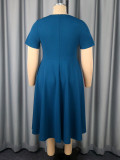 Plus-Size Women Contrast Short-Sleeved Round Neck Belt Elegant Party Dress