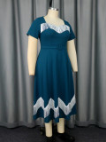 Plus-Size Women Elegant Blue Square-Neck Short-Sleeved Tassel Contrast Belt Party Dress