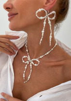Pearl Earrings and Rice Pearl Bow Earrings and Necklace Two-Piece Set