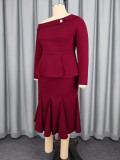 Plus-Size Women Burgundy One-Shoulder Ruffle Long-Sleeved Top Mermaid Skirt Elegant Two-Piece Suit