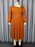 Plus-Size Women Elegant Brown Long-Sleeved Slash Shoulder Floral Pleated Evening Dress
