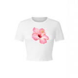 Women Summer American Print Blossom Sexy Short-Sleeved Crop Top