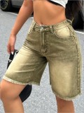 Women Brown Gradient Denim Shorts with Frayed Edges