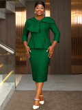 Plus-Size Women Dark Green Elegant Jacquard Bow Bodycon Dress with 3/4 Sleeves