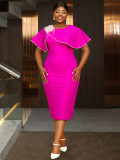 Plus-Size Women Rose Ruffle Round Neck Cape Bodycon Dress