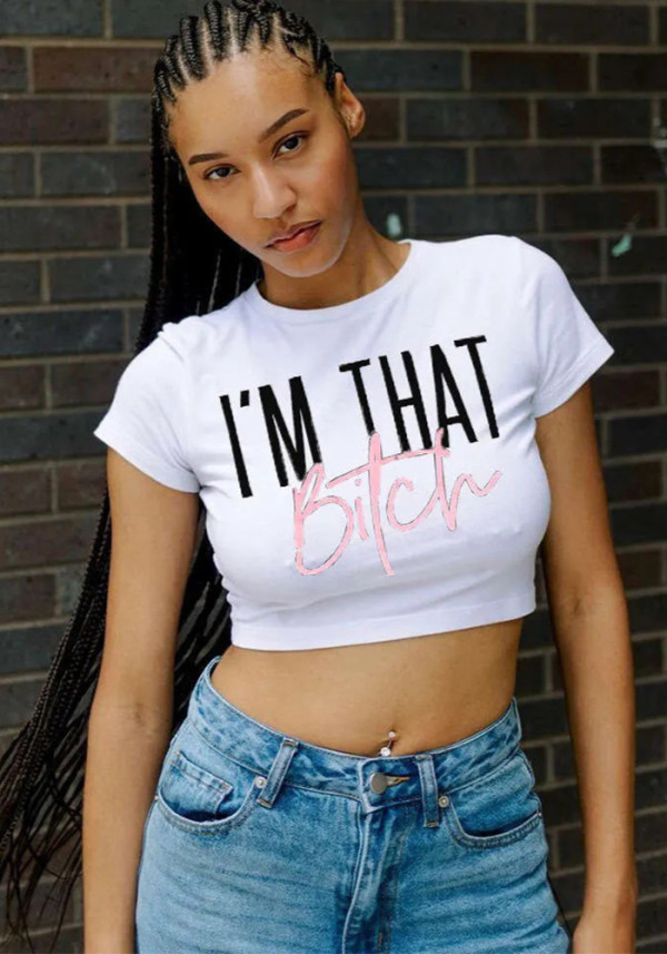 Women Summer American Letter Print Sexy Short-Sleeved Crop T-Shirt