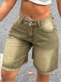 Women Brown Gradient Denim Shorts with Frayed Edges