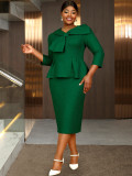 Plus-Size Women Dark Green Elegant Jacquard Bow Bodycon Dress with 3/4 Sleeves